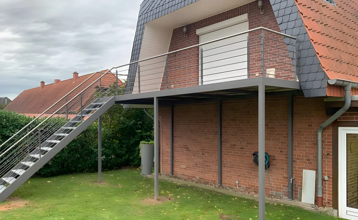 Balkon mit Relinggeländer und langer gerader Treppe in den Garten an einem Klinkerhaus mit Mansarddach. Gebaut in Uelzen.