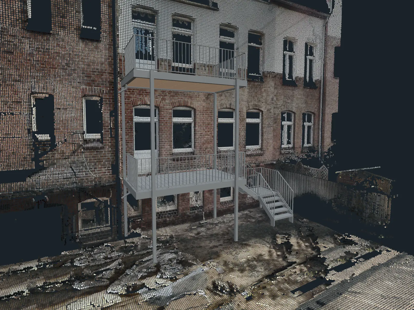 3D-Entwurf eines Vorstellbalkons über zwei Geschosse mit Außentreppe, eingesetzt in die Punktwolke des Hauses