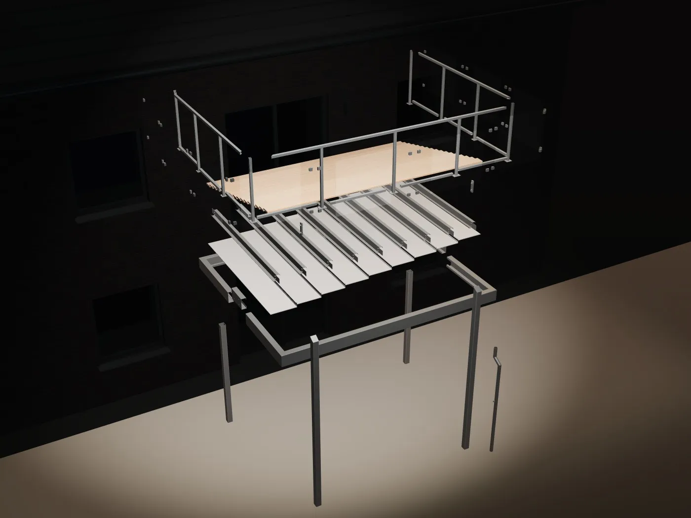 Zerlegtes 3D-Modell unseres Systembalkons im Werkstattlicht: unten die Stützen, darüber Rahmen, wasserführende Schicht, Z-Pfetten, Belag und Geländer mit Glas.