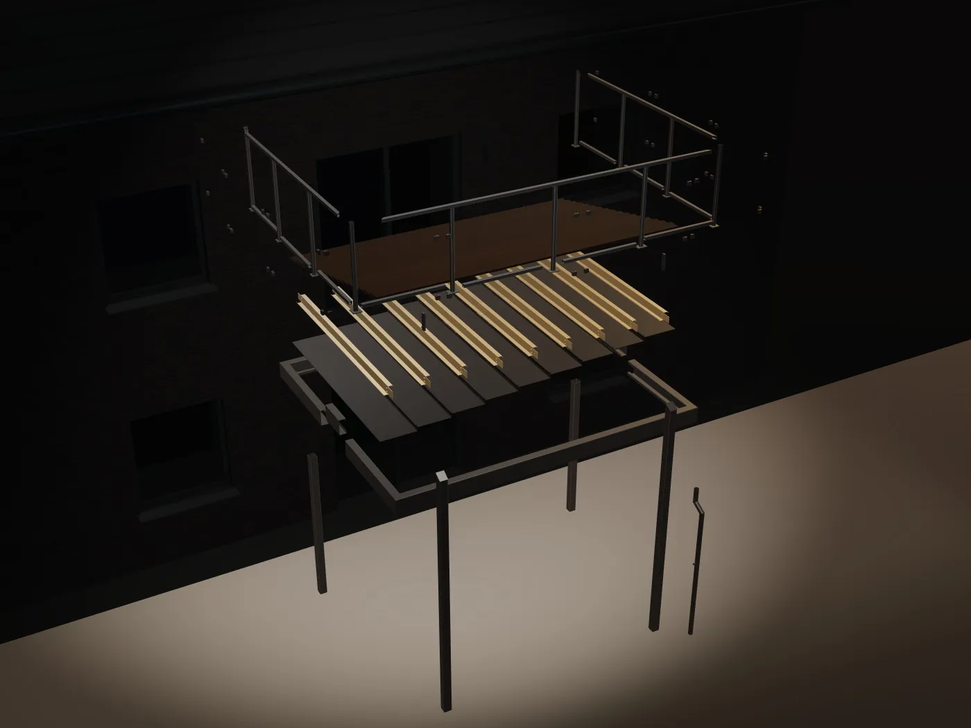 Zerlegtes 3D-Modell unseres Systembalkons, hervorgehoben: Unterkonstruktion.