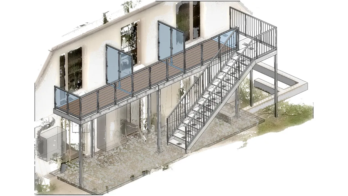 Entwurf im 3D-Laserscan: langer Balkon mit Glas-Sichtschutz und Treppe an einem hellen Haus.