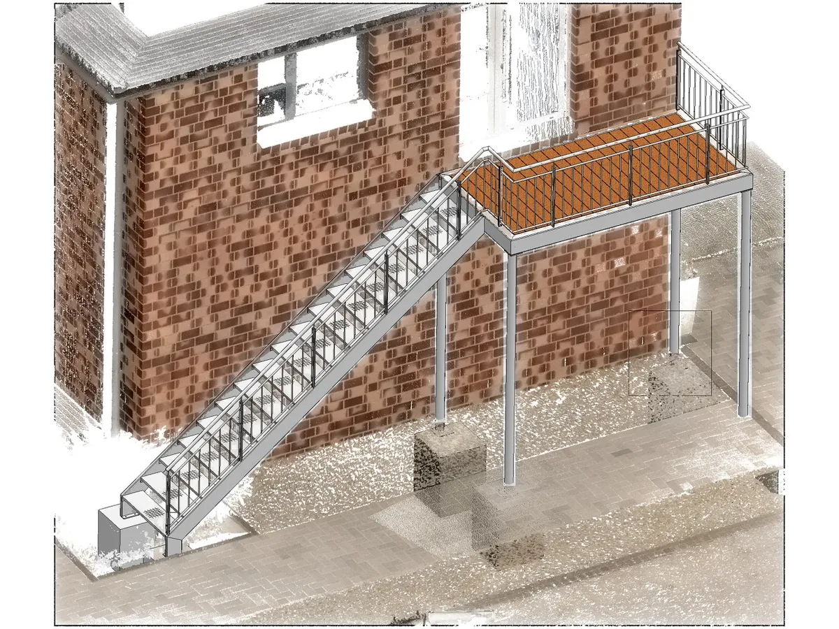 Entwurf im 3D-Laserscan: Vorstellbalkon mit gerader Treppe an einer Klinkerwand.